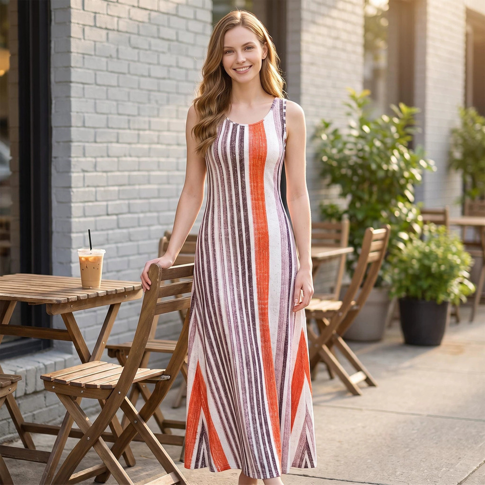 ZARA Storm Style Summer Vacation Contrast Vertical Stripe Long Sleeveless Dress
